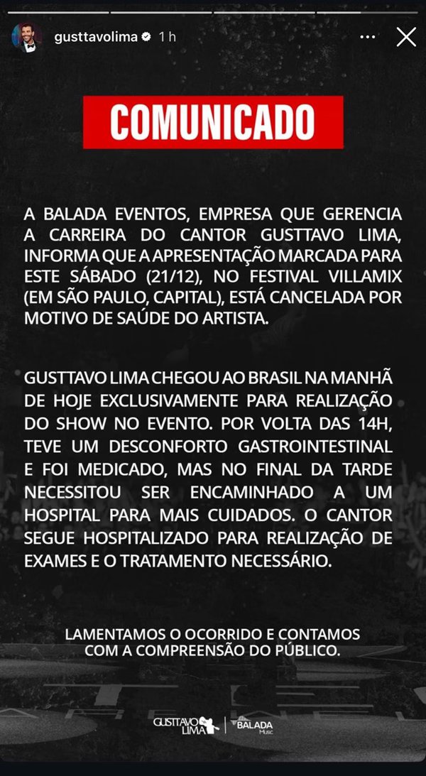 Gusttavo Lima passa mal, é hospitalizado e cancela show em São Paulo