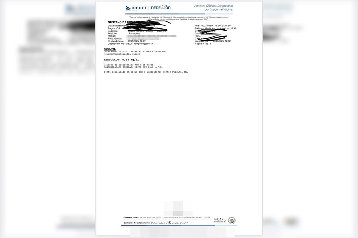 Veja exame médico que aponta intoxicação de Hungria por metanol